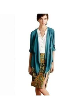Elevenses Eldora Women's Medium Teal Crepe Draped Open Front Blazer